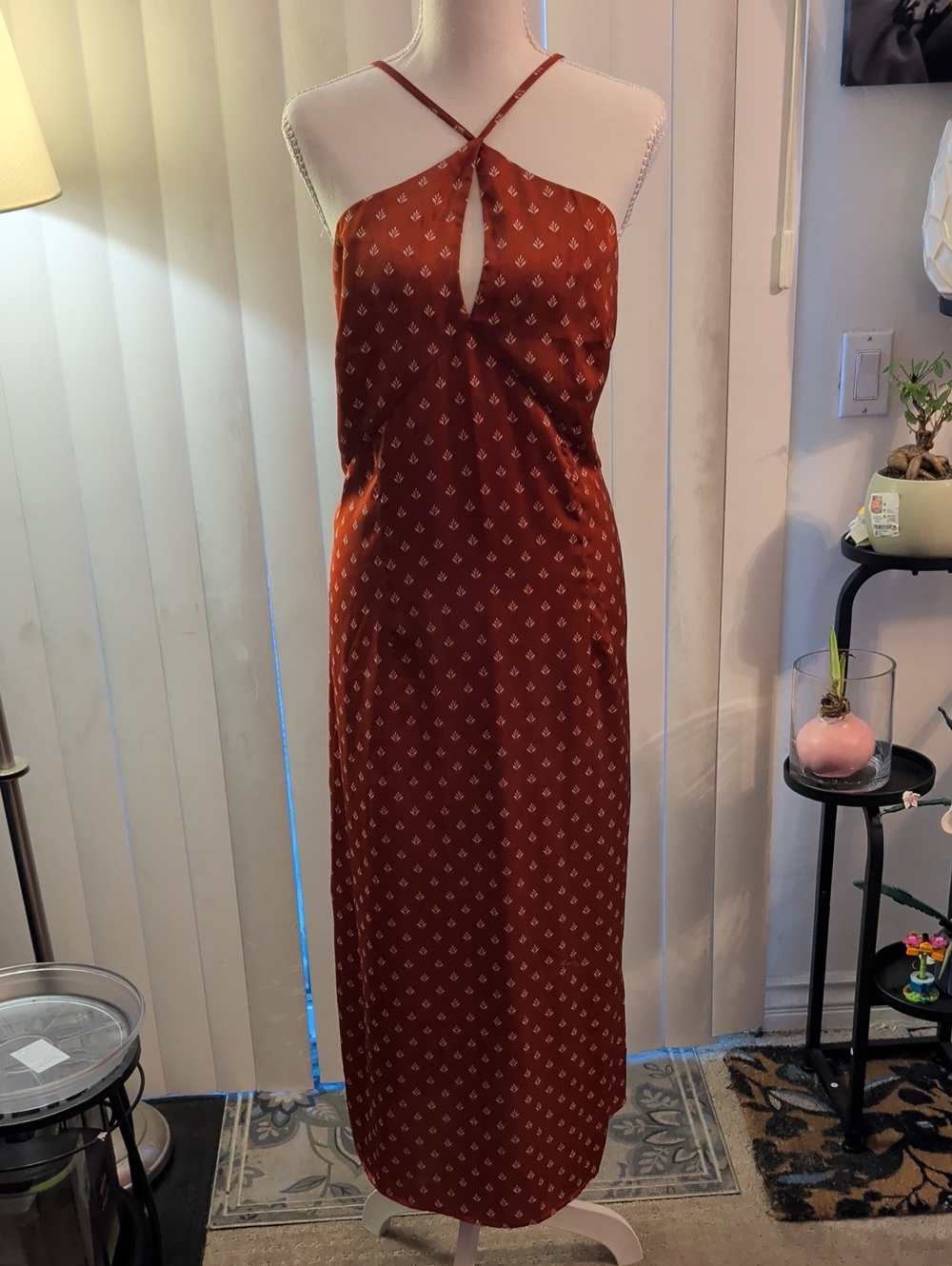 Cupshe Rust Red Printed Maxi Slip Dress with Crisscross Halter XL